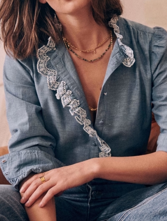 Sezane Tops - Sezane Chlo Shirt in Chambray Blue, Size 2, Embroidery Trim, French Romantic